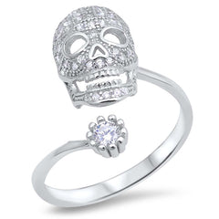 Sterling Silver Open Ring with Clear CZ Day of the Dead SkullAnd Face Height of 20 mm