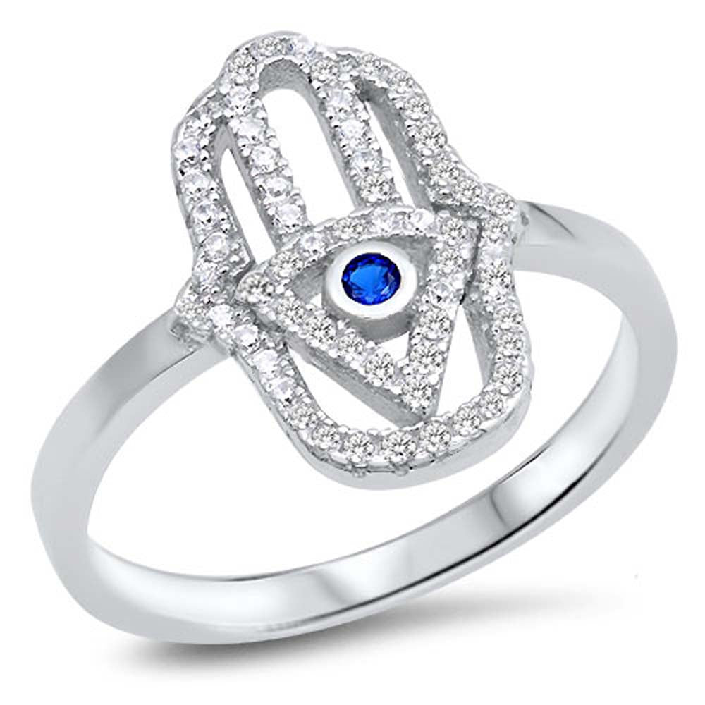 Sterling Silver Hamsa Ring with Blue Sapphire Stone and Clear CZAnd Face Height of 16 mm