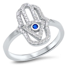 Load image into Gallery viewer, Sterling Silver Hamsa Ring with Blue Sapphire Stone and Clear CZAnd Face Height of 16 mm