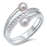 Sterling Silver Simulated Pearl and Clear CZ RingAnd Face Height of  13 mm