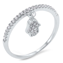 Load image into Gallery viewer, Sterling Silver Clear CZ Dangling Hamsa RingAnd Face Height of 2mm (Hamsa: 10mm)