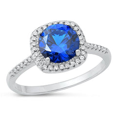 Sterling Silver Rhodium Plated Square Clear And Blue CZ Ring