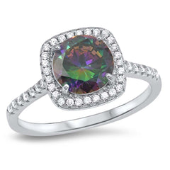 Sterling Silver Cushion Cut With Rainbow Topaz And Cubic Zirconia Ring
