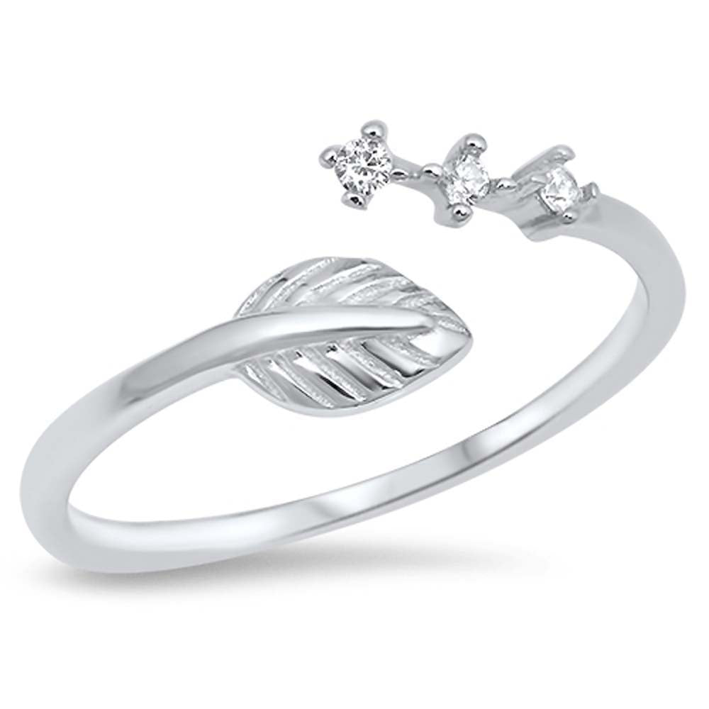 Sterling Silver CZ Bypass Ring with Leaf and diamond DesignAnd Face Height of 12MM