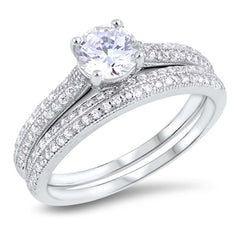 Sterling Silver Wedding Ring Set with Clear CZ Center 6mm Stone and Face Height of 7 mm