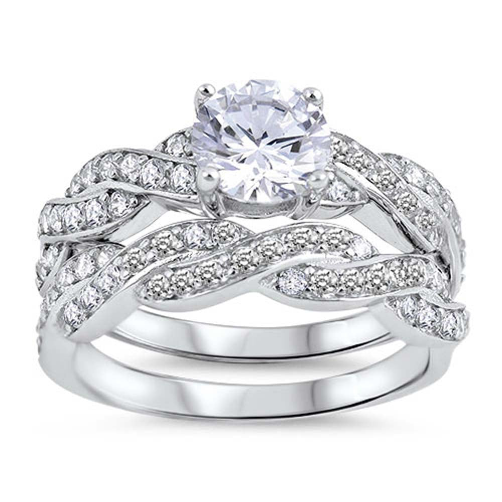 Sterling Silver Wedding Set Rings with Clear CZ Centered Stone 7 mmAnd Face Height of 10 mm