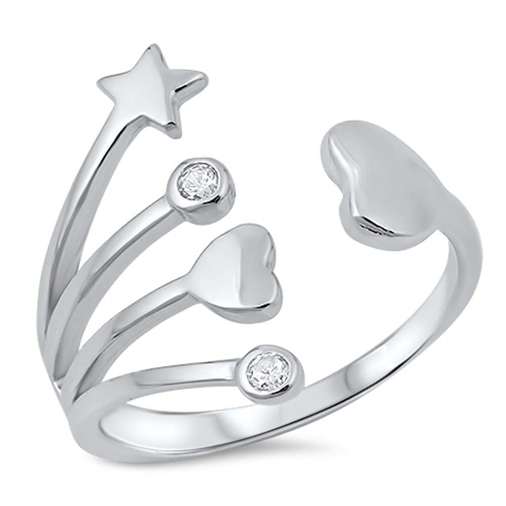 Sterling silver CZ Bypass Ring With Star and Heart Branch DesignAnd Face Height of 17MM