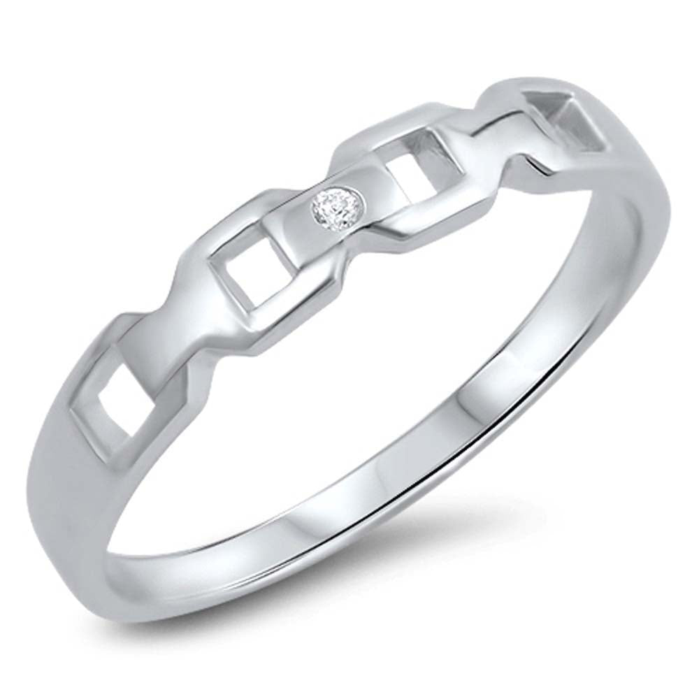 Sterling Silver Chain Link Ring with Clear CZ StoneAnd Face Height of 3mm