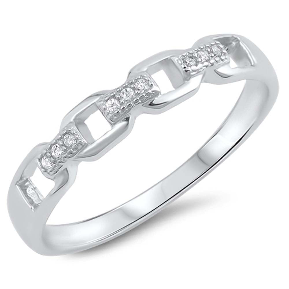 Sterling Silver Chain Link Ring with Clear CZ StonesAnd Face Height of 4mm