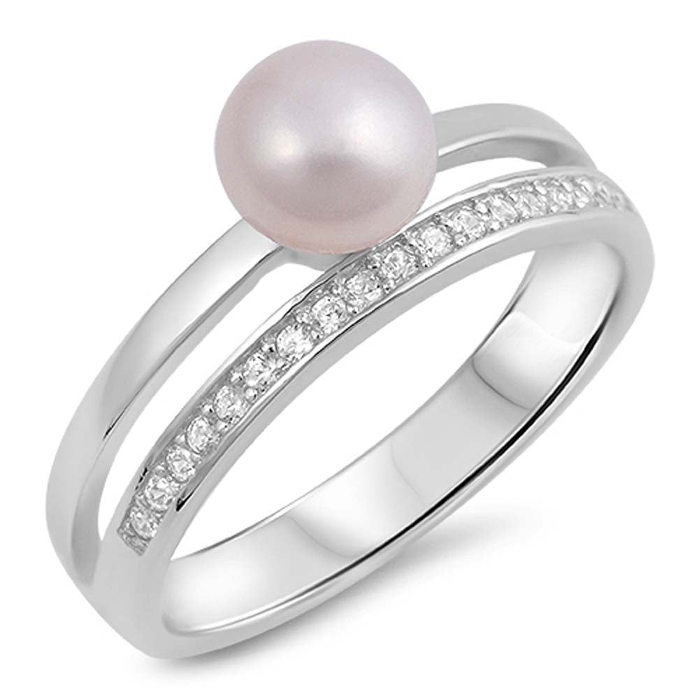 Sterling Silver Genuine Freshwater Pearl with Clear CZ RingAnd Face Height of 6 mm