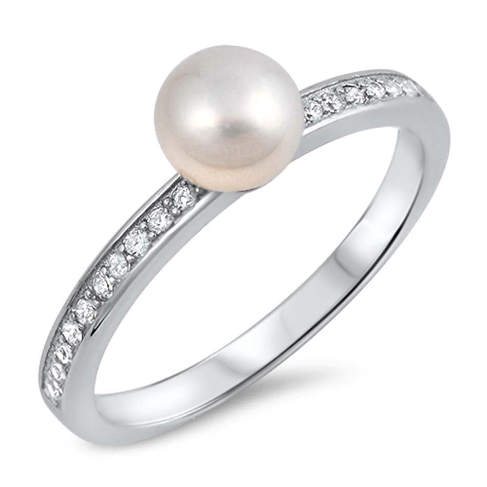 Sterling Silver Genuine Freshwater Pearl with Clear CZ RingAnd Face Height of 6 mm