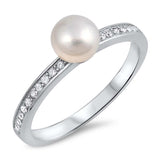 Sterling Silver Genuine Freshwater Pearl with Clear CZ RingAnd Face Height of 6 mm