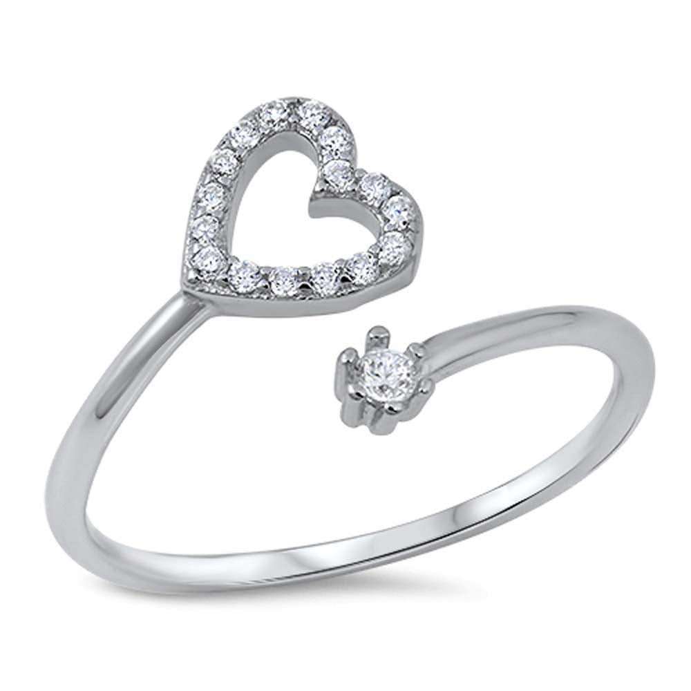 Sterling Silver CZ Bypass Ring with Heart and diamond Design, Face Height of 12MM