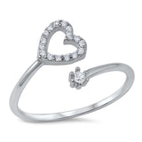 Sterling Silver CZ Bypass Ring with Heart and diamond DesignAnd Face Height of 12MM