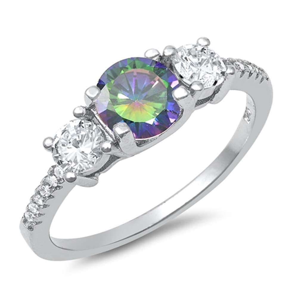 Sterling Silver Round With Rainbow Topaz And Cubic Zirconia Ring