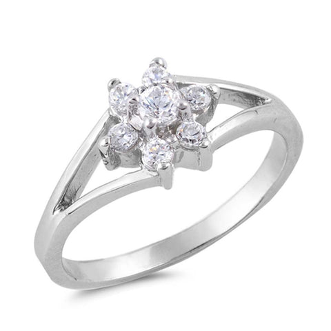 Sterling Silver Flower Shaped Clear CZ RingAnd Face Height 8mm
