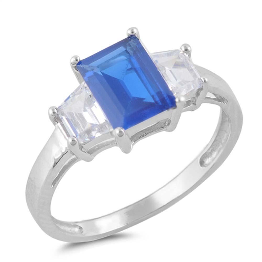 Sterling Silver Three Stones Blue Sapphire Rectangle Shaped Clear CZ RingAnd Face Height 9mm