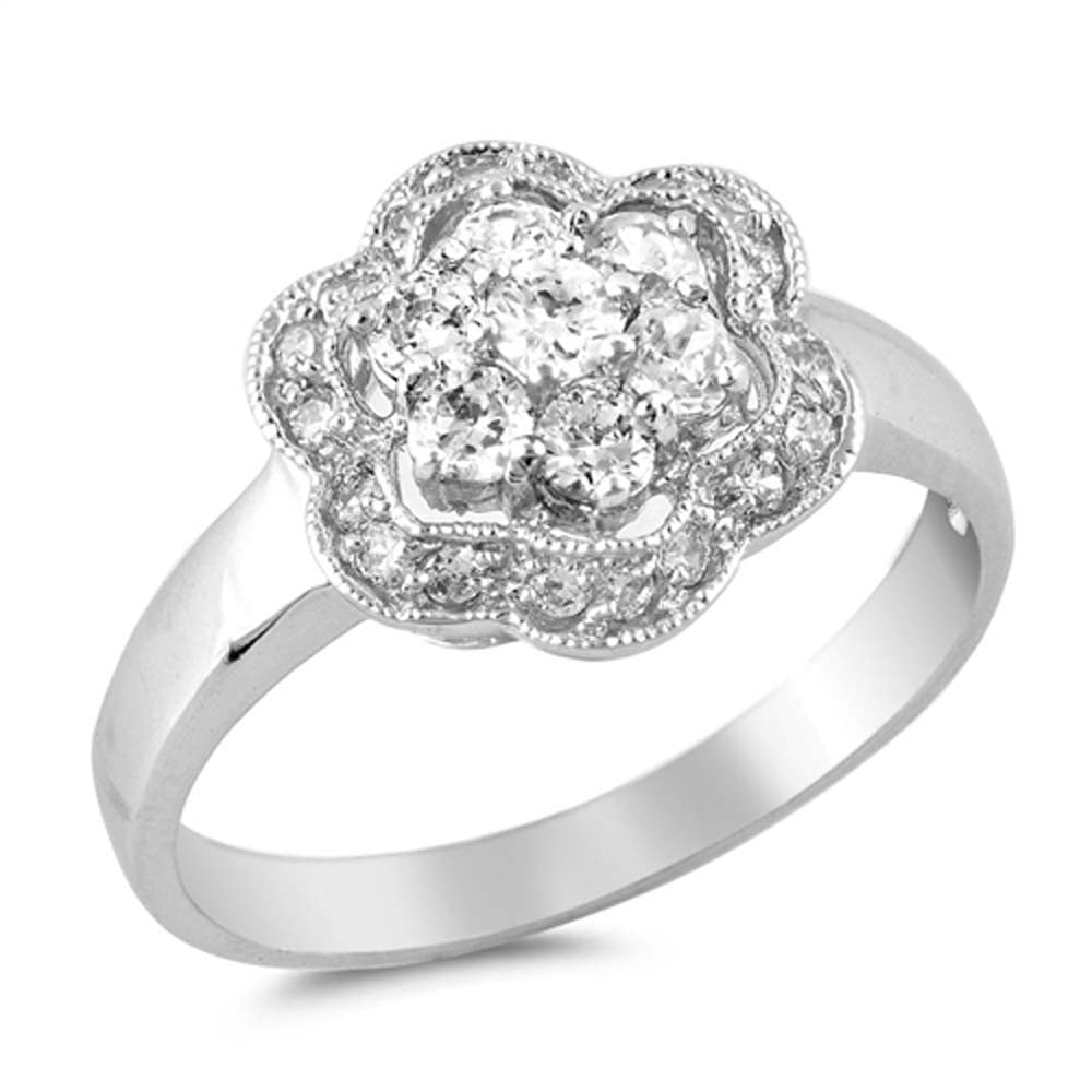 Sterling Silver Flower Shaped Clear CZ RingAnd Face Height 12mm