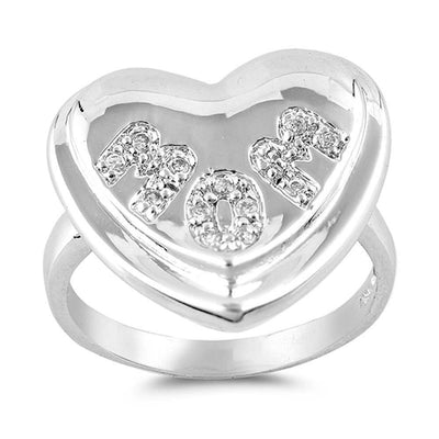 Sterling Silver Heart And MOM Shaped Clear CZ RingAnd Face Height 18mm