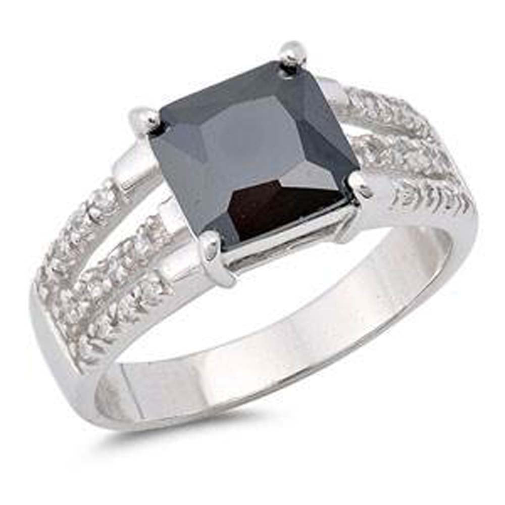 Sterling Silver Square Shaped Black And Clear CZ RingAnd Face Height 9mm