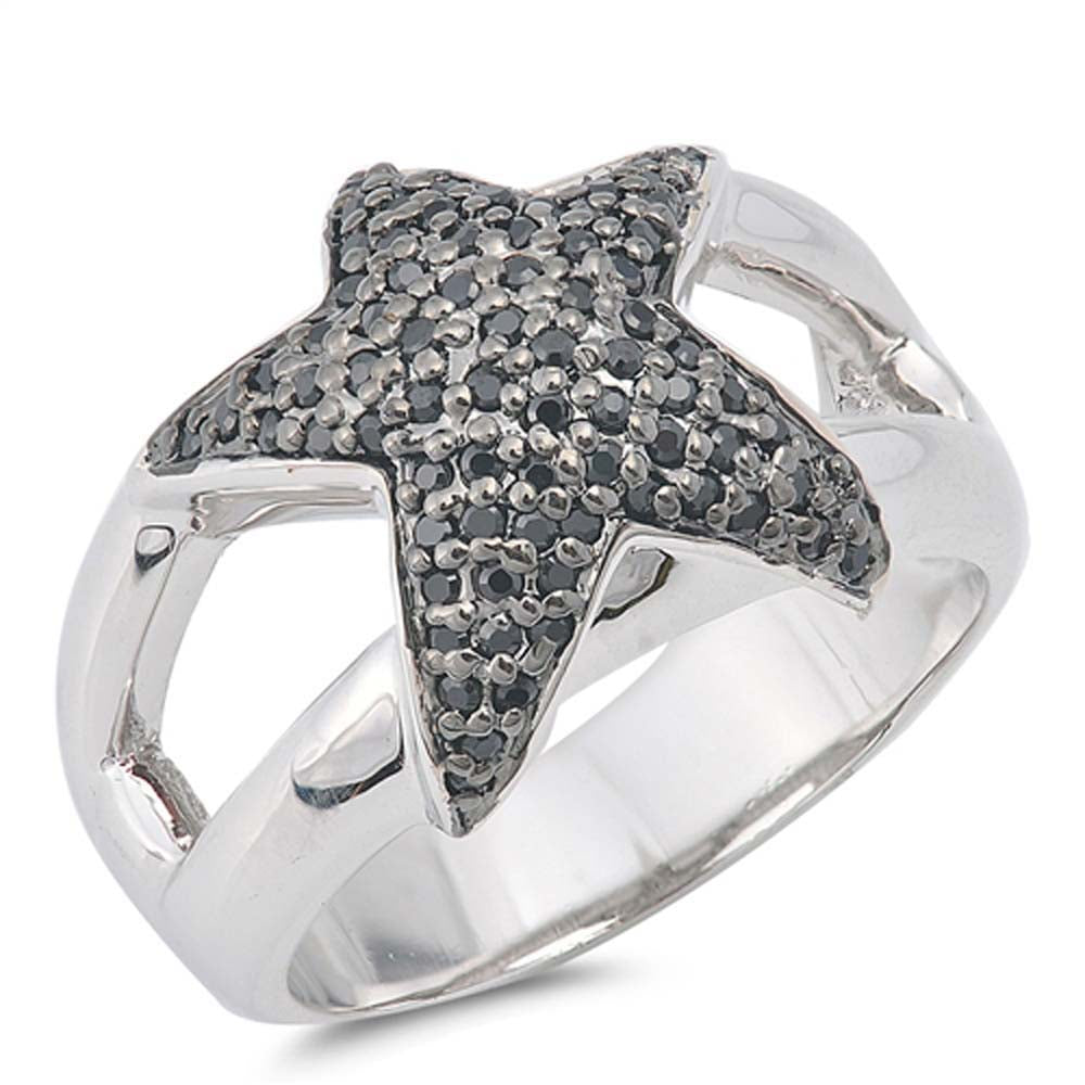 Sterling Silver Star Shaped Black CZ RingAnd Face Height 14mm