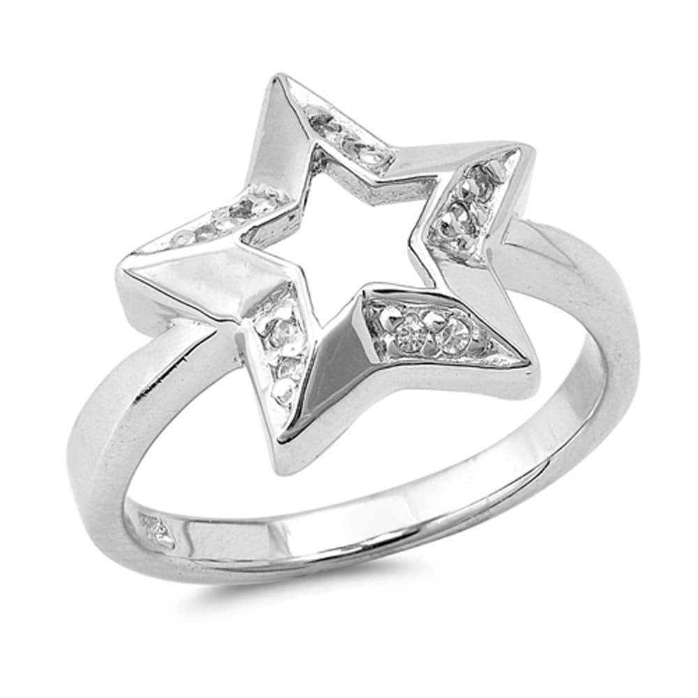 Sterling Silver Star Shaped Clear CZ RingAnd Face Height 14mm
