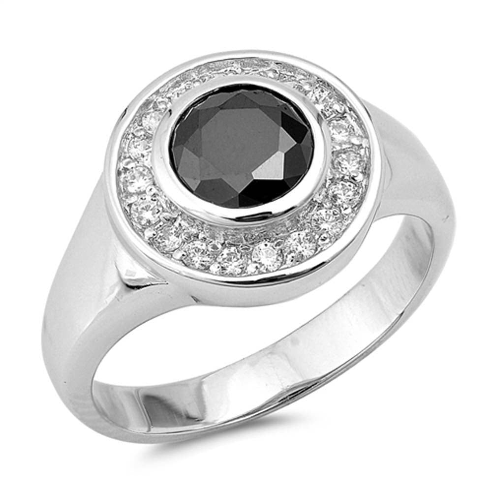 Sterling Silver Round Shaped Black And Clear CZ RingAnd Face Height 13mm