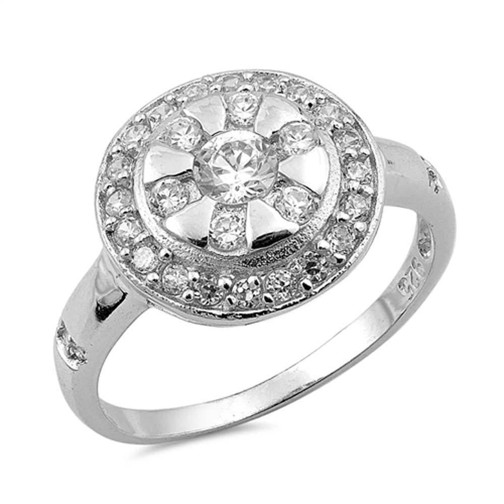 Sterling Silver Round Flower Shaped Clear CZ RingAnd Face Height 13mm