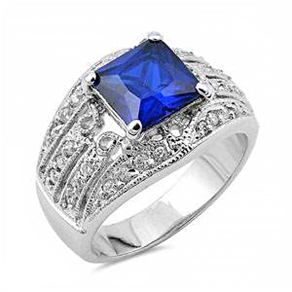 Sterling Silver Princess Cut Blue Sapphire Square Shaped Clear CZ RingsAnd Face Height 13mm