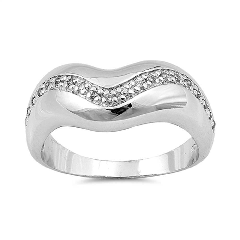 Sterling Silver Wave Shaped Clear CZ RingsAnd Face Height 9mm