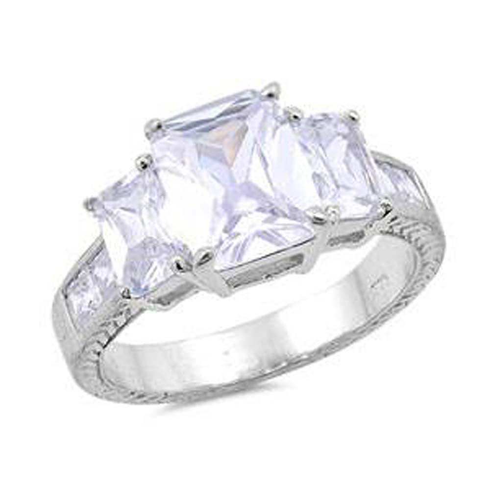 Sterling Silver Princess Cut Three Stone Shaped Clear CZ RingsAnd Face Height 10mm