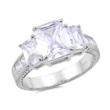 Load image into Gallery viewer, Sterling Silver Princess Cut Three Stone Shaped Clear CZ RingsAnd Face Height 10mm