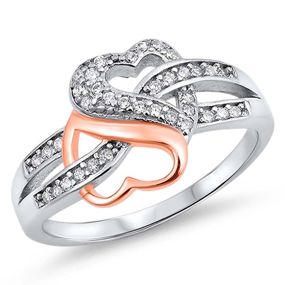 Sterling Silver Rose Gold Plated Double Hearts Shaped Clear CZ RingAnd Face Height 12mm