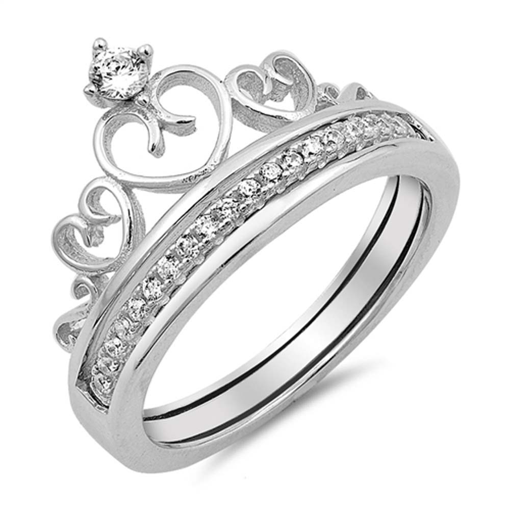 Sterling Silver Crown Heart Ring with Clear CZAnd Face Height of 13 mm