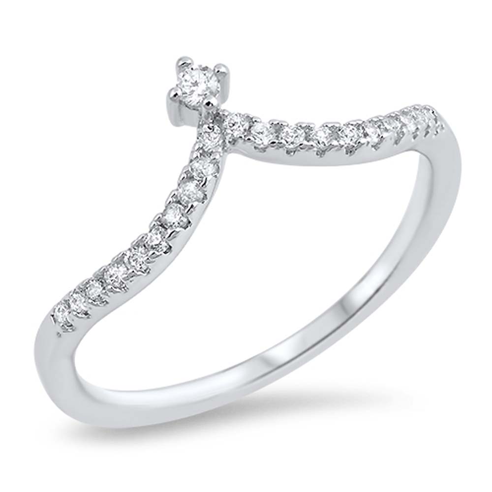 Sterling Silver V Shaped Ring with Clear CZ Pave Stones and a Clear CZ CenterAnd Face Height of 8MM