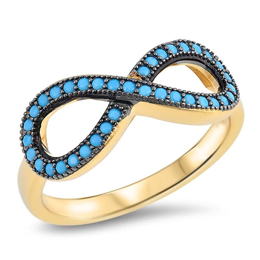 Sterling Silver Gold Plated Infinity Ring with  Simulated Facet Cut Nano Turquoise StonesAnd Face Height of 9MM