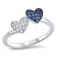 Load image into Gallery viewer, Sterling Silver Ring with a  Blue Sapphire Heart and a Clear Cz HeartAnd Face Height of 7MM