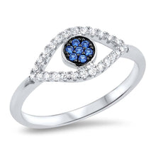 Load image into Gallery viewer, Sterling Silver Evil Eye Ring with Blue Sapphire Center and Clear CZ\&#39;sAnd Face Height of 9MM