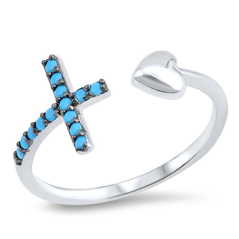 Sterling Silver Open Ended Ring with Stimulated Facet Cut Nano Turquoise Cross on one End and a silver Heart on the OtherAnd Face Height of 11MM