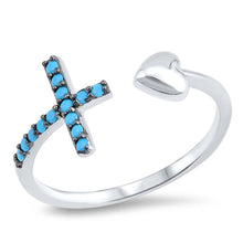 Load image into Gallery viewer, Sterling Silver Open Ended Ring with Stimulated Facet Cut Nano Turquoise Cross on one End and a silver Heart on the OtherAnd Face Height of 11MM