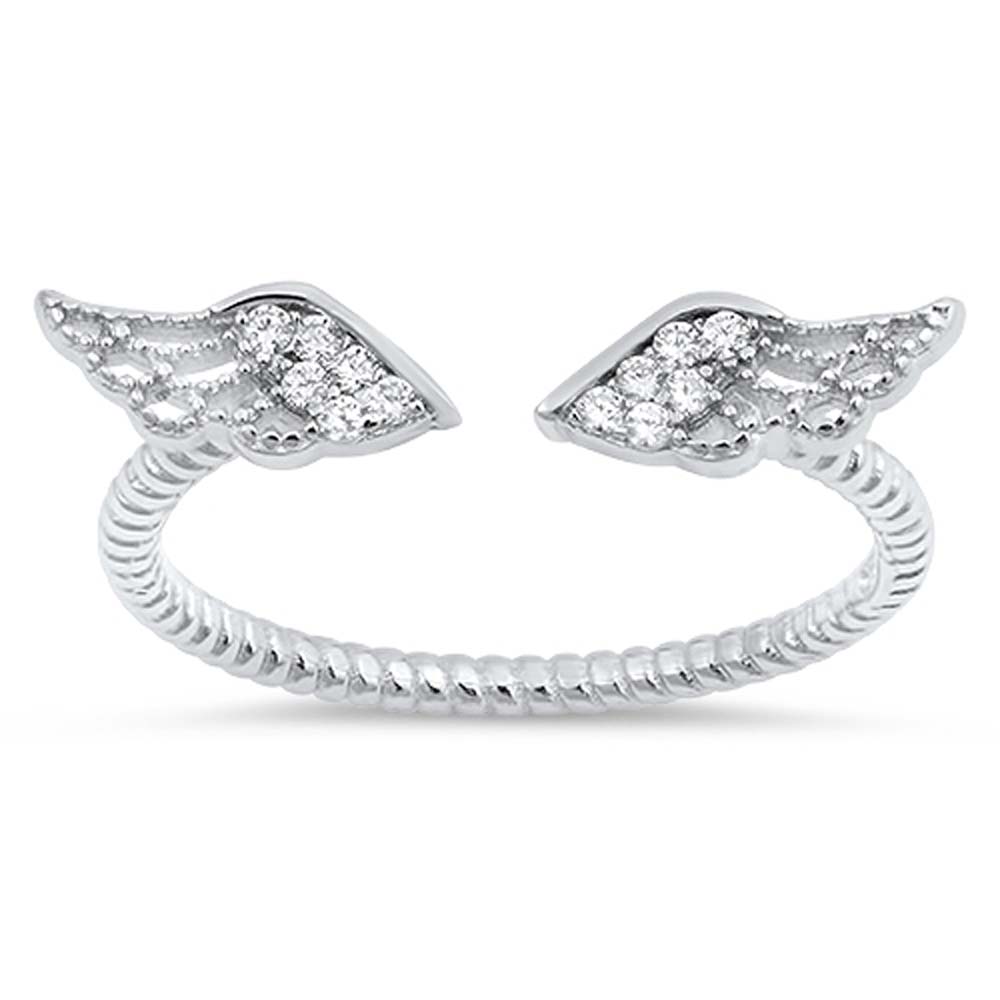 Sterling Silver Angel Wings Shaped Clear CZ RingAnd Face Height 5mm