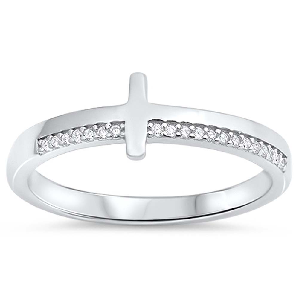 Sterling Silver Sideway Cross Shaped Clear CZ RingAnd Face Height 7mm