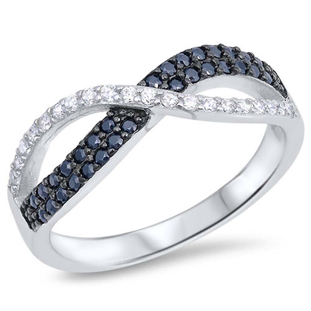 Sterling Silver Infinity Shaped Black And Clear CZ RingAnd Face Height 5mm