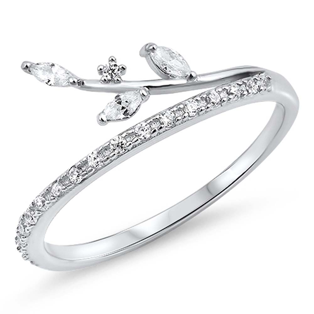 Sterling Silver Leaves Shaped Clear CZ RingAnd Face Height 9mm