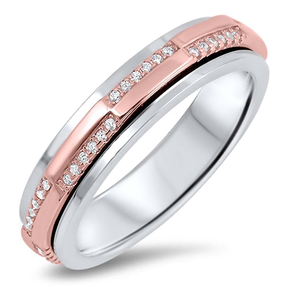 Sterling Silver Wedding Band with Rose Gold and CZ DesignAnd Face Height of 5 MM