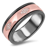 Sterling Silver Black Plated Wedding Band with Rose Gold Spinner with Diamond Pattern Clear CZ\'sAnd Face Height of 7 MM