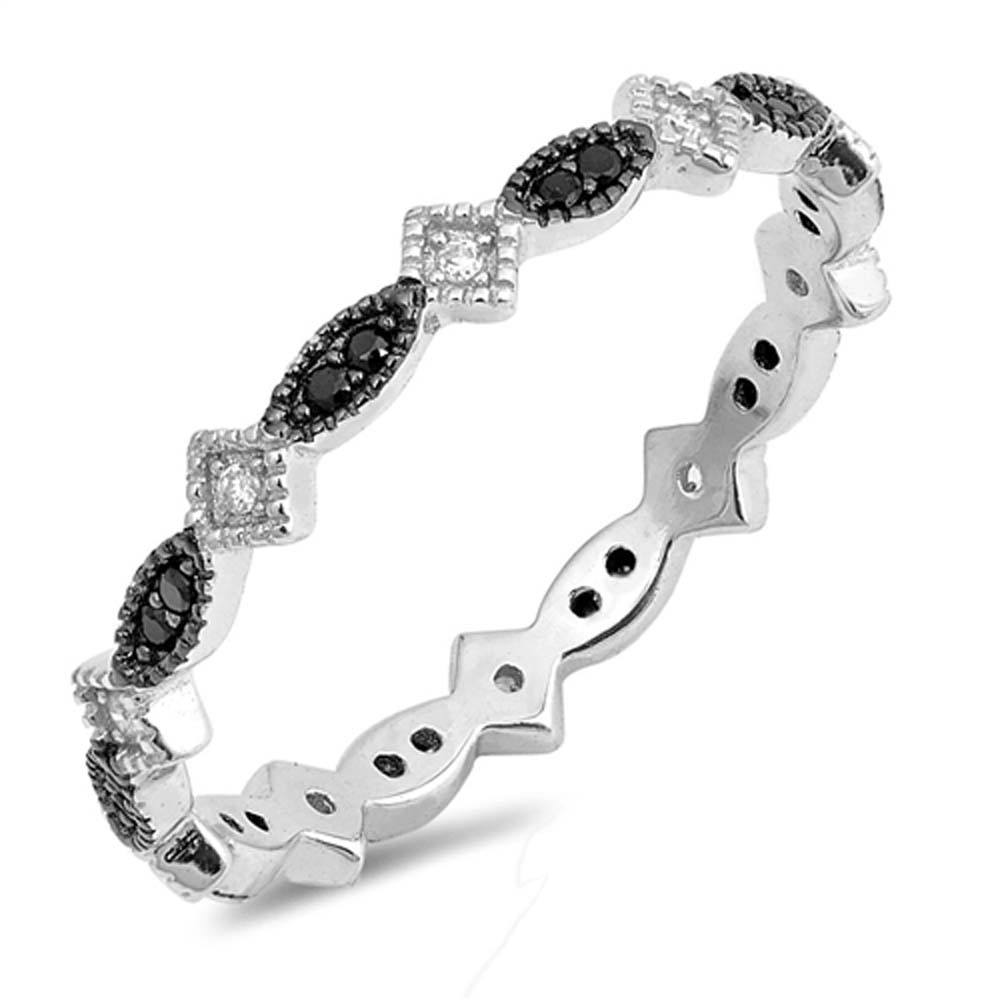 Sterling Silver Diamond Cut Shaped Black And Clear CZ RingAnd Face Height 4mm