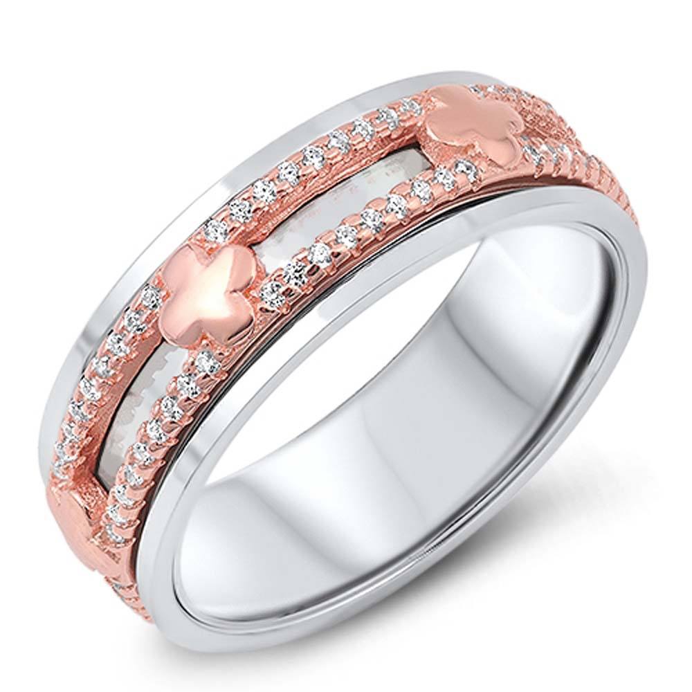 Sterling Silver Ring with Rose Gold Spinner Center with clear CZ\'sAnd Face Height of 7MM