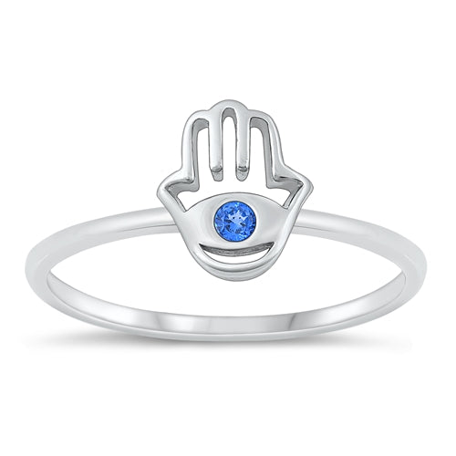 Sterling Silver Rhodium Plated Blue And Clear CZ Hamsa Ring