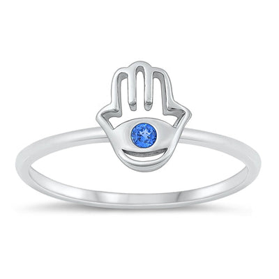 Sterling Silver Rhodium Plated Blue And Clear CZ Hamsa Ring